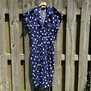 80s Blue Polka Dot Dress/Button Down Shirt Dress